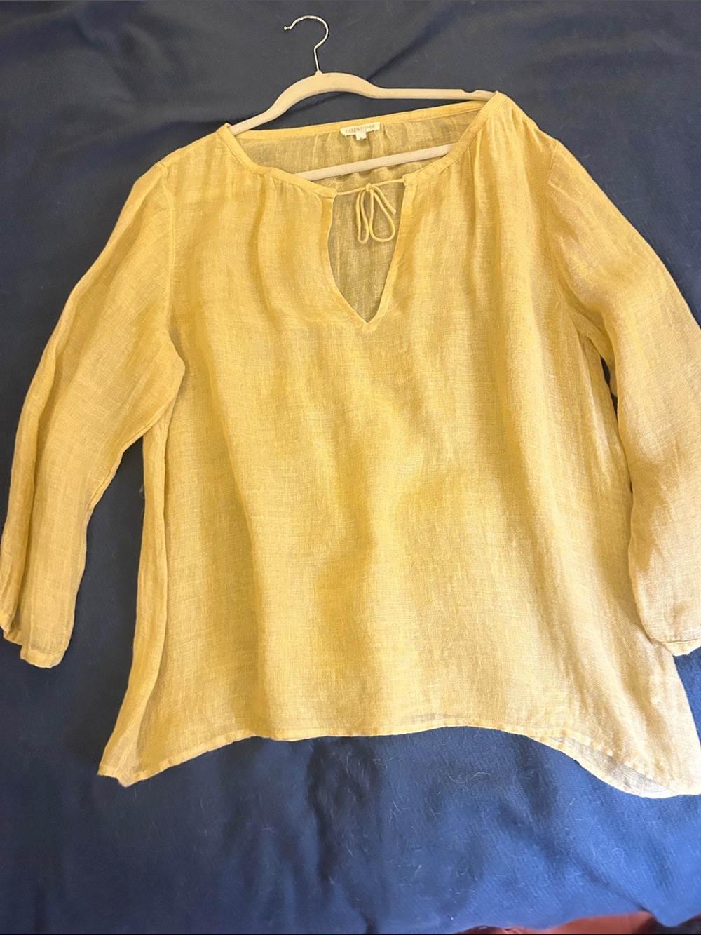Eileen Fisher Soft Yellow Linen Tie-Neck Blouse
